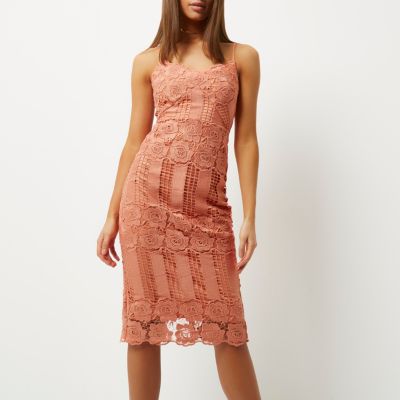 Peach pink lace bodycon dress